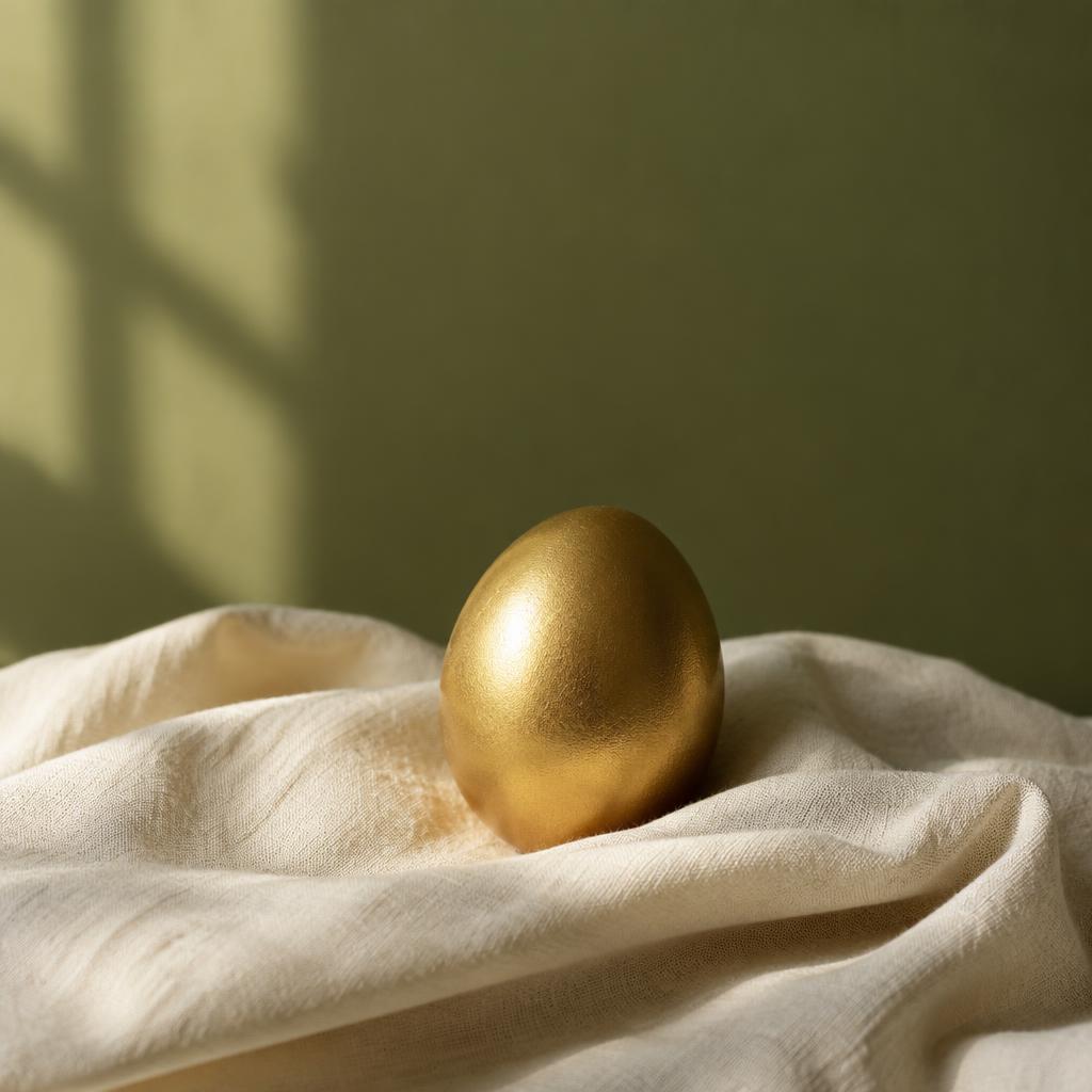 Een gouden ei op crèmekleurig linnen
