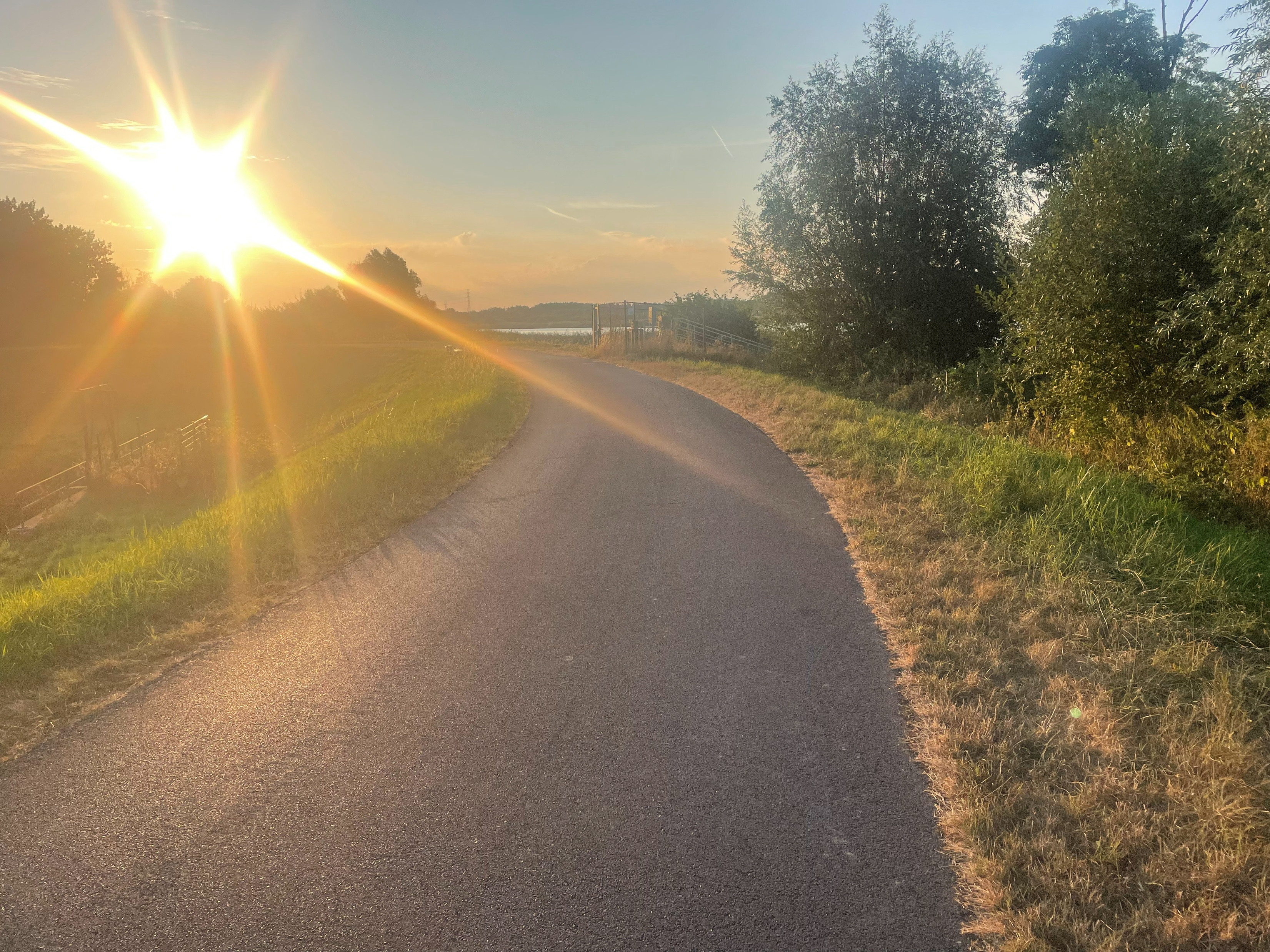 Landweg door een veld bij zonsondergang